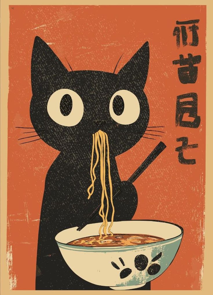Comedic ramen-eating cat illustration with Asian-inspired details,